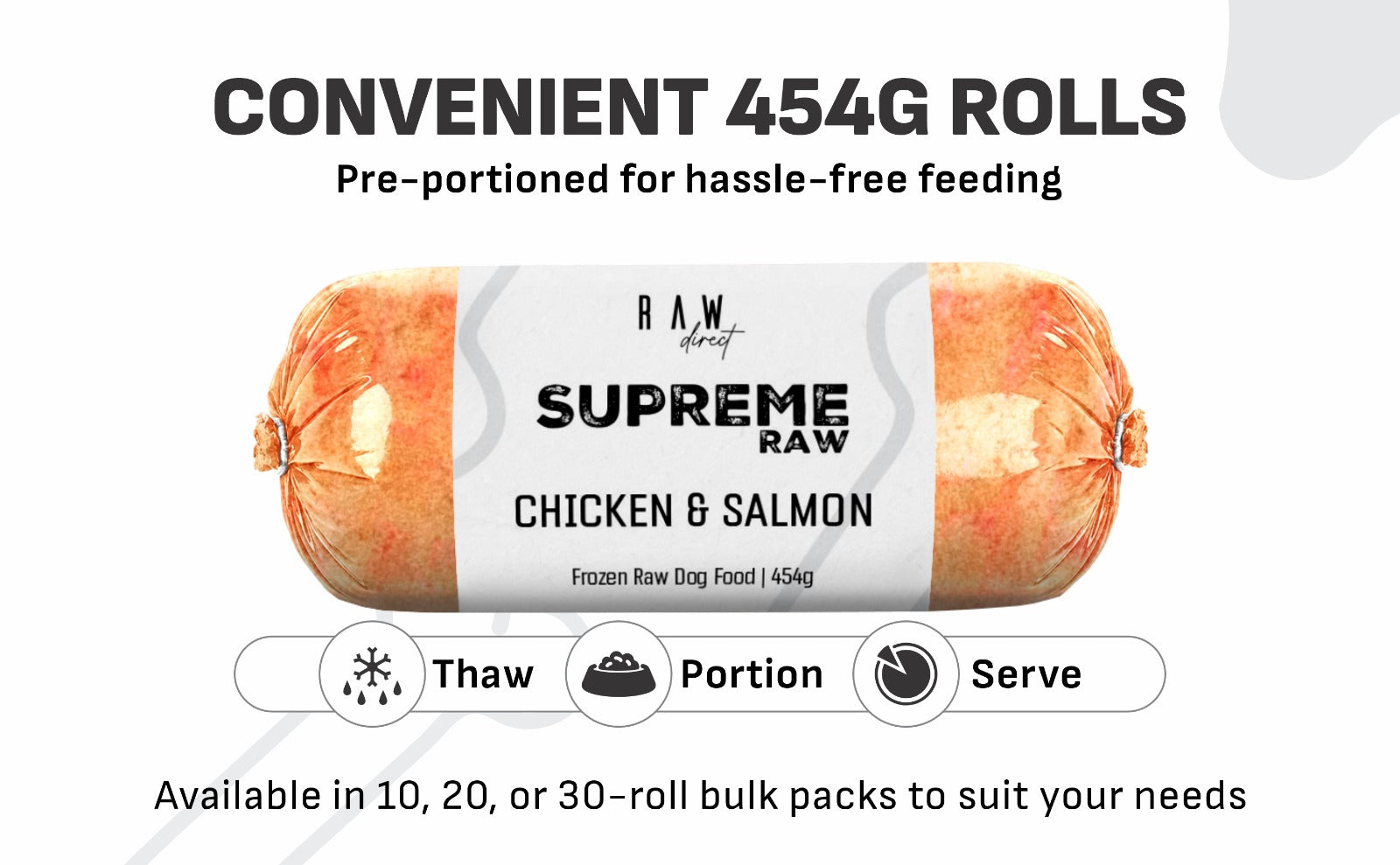 Supreme Raw chicken and salmon roll with packaging on a white background