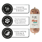 Dog food package with health benefits text on a white background