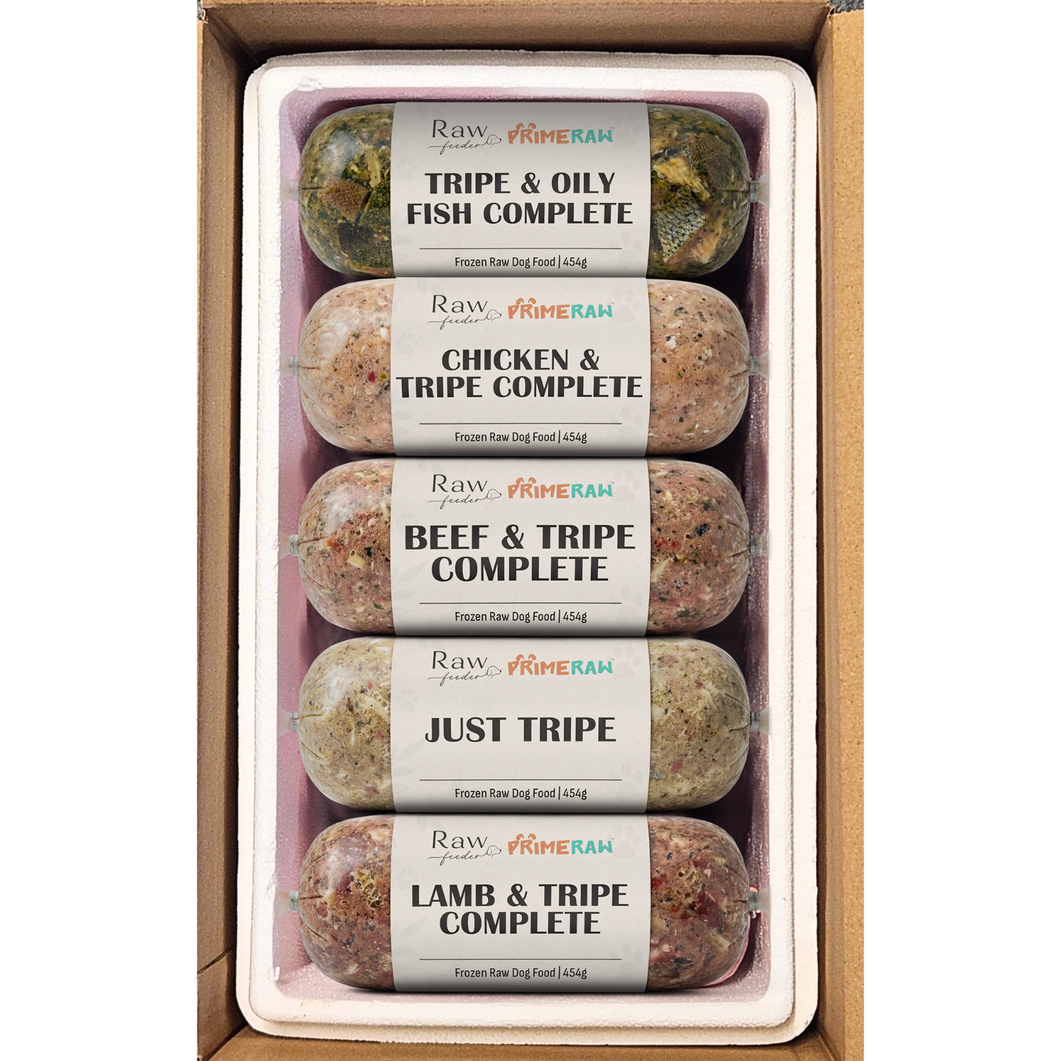 Prime Raw Tripe Mixed Flavour Variety Box | 454g Roll | 80/10/10